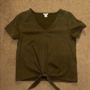 Olive Green V-Neck Tie-Front Top